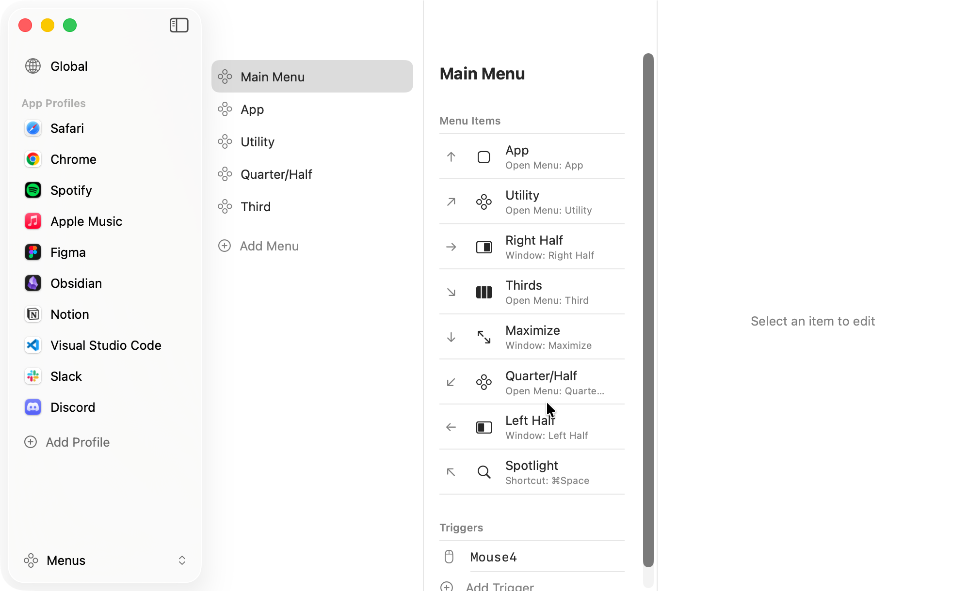 Radiant starter preset configuration screen